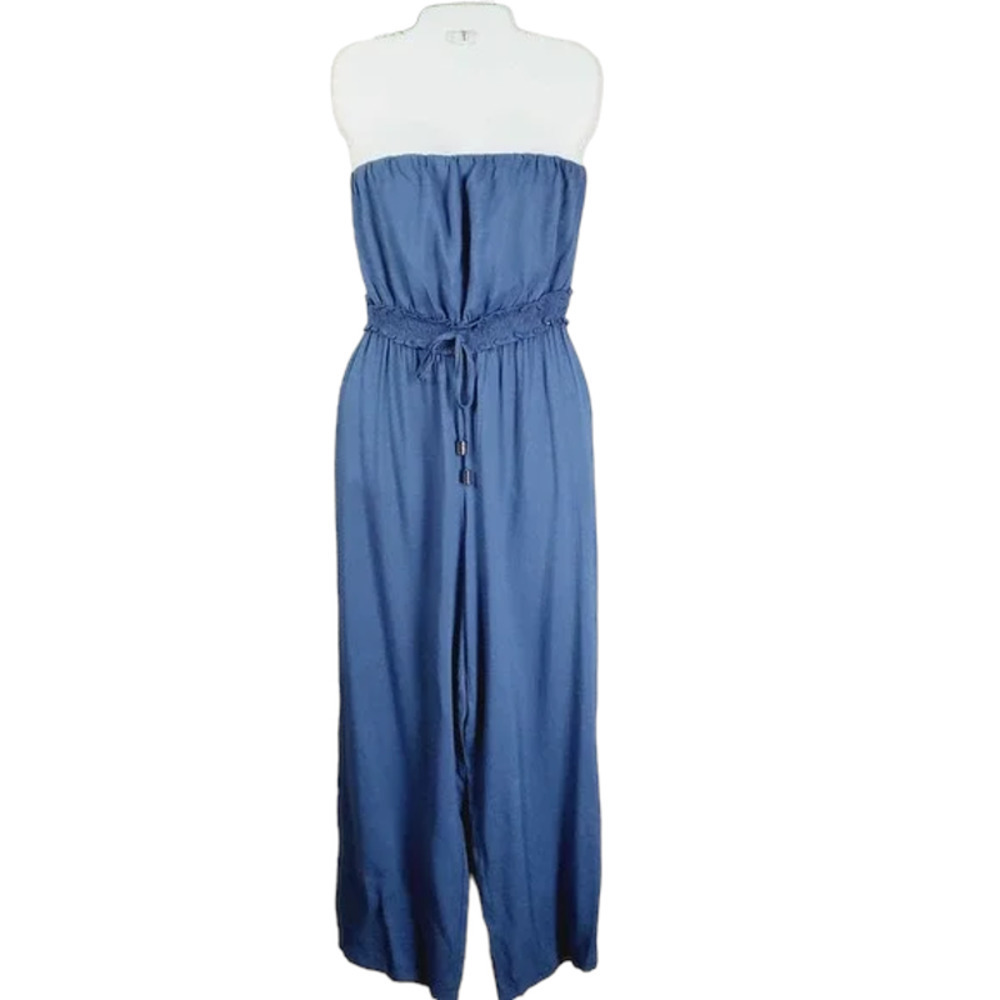 She + Sky Strapless Travel Bohemian Chambray Blue Pants Jumpsuit Size Small